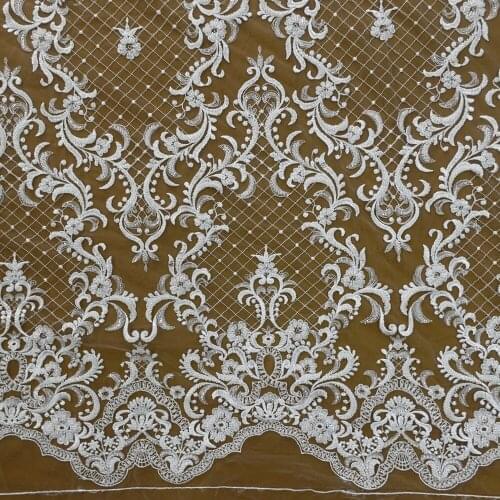 2021 White Beaded Embroidery French Nigerian Lace Dubai Wedding Gown Bridal Tulle Fabric 5 Yards HY1422-2