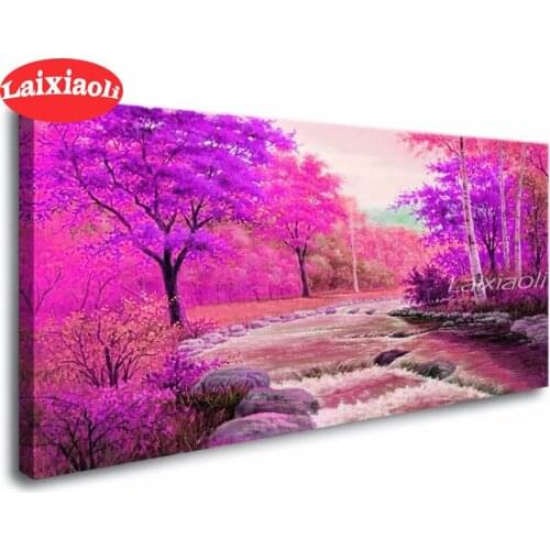 5d DIY Diamond Painting full square Cross Stitch scenic Pink purple forest tree lake Diamond Embroidery long home Decorative