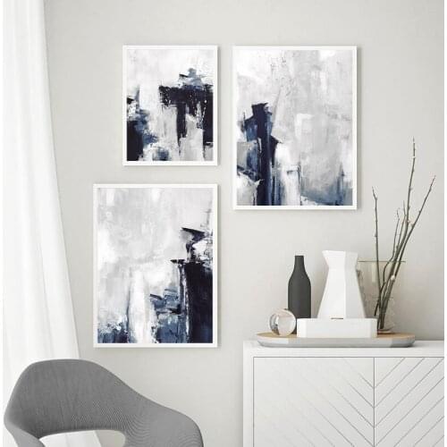 Blue Grey Abstract Wall Art Canvas Painting Modern Minimalist Posters and Prints Pictures for Living Room Bedroom Home Decor