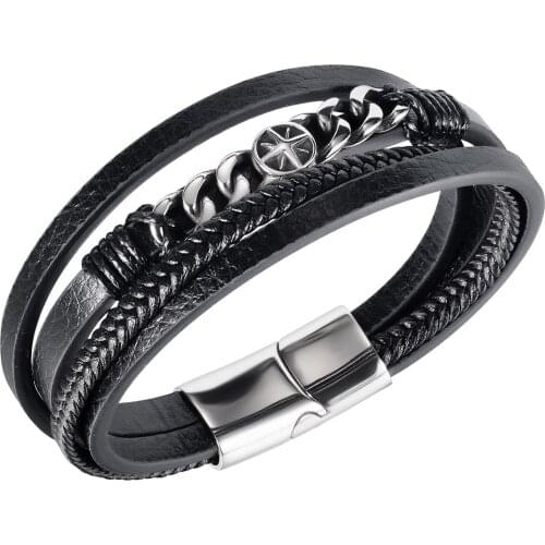 Cyue European Men Punk Black Multi-layer Leather Retro Link Charm Bracelet Stainless Steel Button Wristband Jewelry ZYLB0203