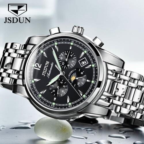 JSDUN 2021 Top Mens Automatic Mechanical Multi-Function Watch Moon Phase Luxury Stainless Steel Waterproof Mens Business Watch