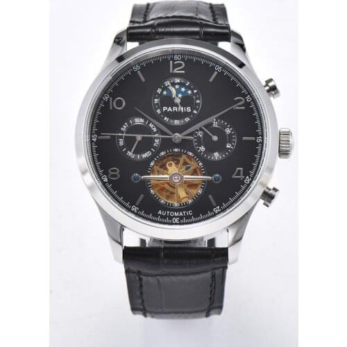New Parnis 43mm Moon Phase Calendar Men Watches JHS35 Movement Automatic Mechanical Mens Watch