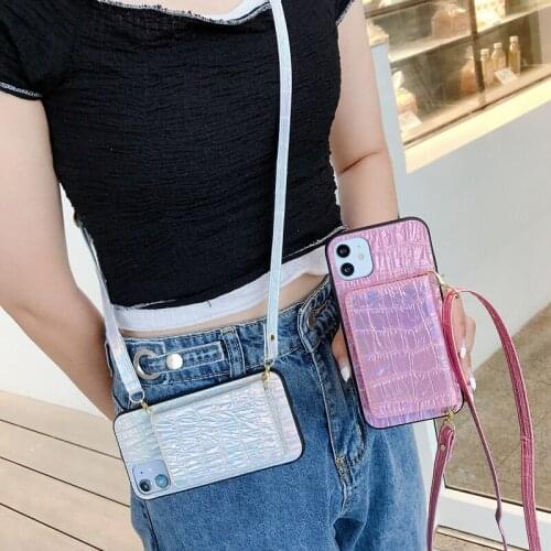 Luxury Fashion Card Slot Purse Laser crocodile Leather Handbag Case Cover With Strap For iPhone 11 Pro XS Max XR X 8 7 Plus SE