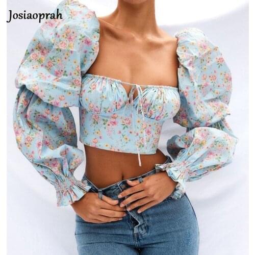 Josiaoprah sweet girl slim puff sleeve tees croptop female floral print elegant hollow out tshirt 2021 sexy vacation tank top