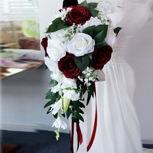 Fake Flowers Bouquet Artificial Burgundy White Purple Bouquets Of Flowers For Brides Rose Wedding Flowers Bridal Bouquets
