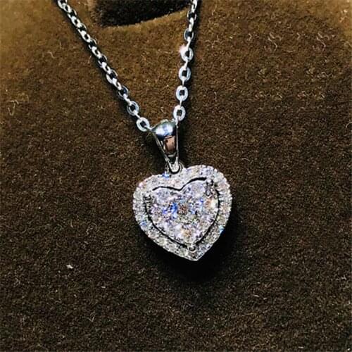 Dainty Female White Crystal Pendant Necklace Classic Silver Color Wedding Necklace For Women Trendy Love Heart Chain Necklace
