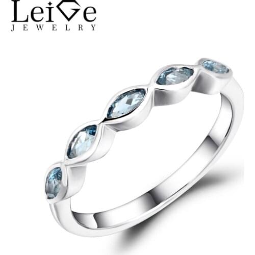 Leige Jewelry London Blue Topaz Wedding Band Stackable Rings Marquise Cut Blue Gemstone Sterling Silver 925 Fine Jewelry