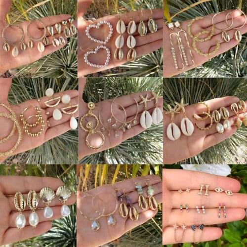 Tocona Bohemian Shell Stud Earrings Sets for Women Luxury Pearl Heart Summer Starfish Clear Crystal Stone Earrings Jewelry