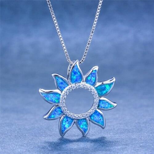 Creative Sun Flower Round Pendant Necklace White Blue Opal Stone Necklace Vintage Silver Color Chain Wedding Necklaces For Women