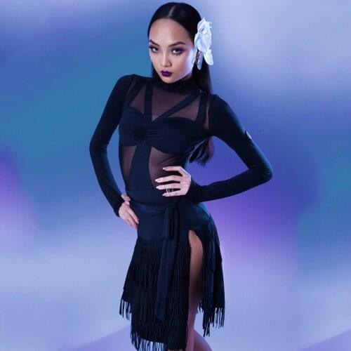 Fashion Latin Dance Clothes Sexy Long Sleeve Mesh Tops Tassel Skirts Performance Clothes Latin Dance Competition Dresses DW017