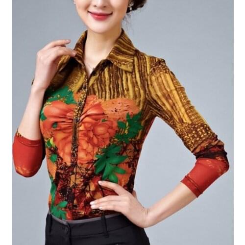2018 Fall Spring Womens Printed Floral Pattern Orange Full Sleeve Mesh Blouse , Female Women 3XL Slim Pleated Cardigan Blouses