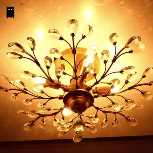 Gold Matte Black K9 Crystal Tree Branch Ceiling Light Fixture Rustic Country Plafon Lustre Luminaria Design Living Room Bedroom