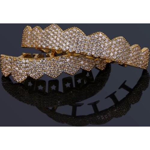 TOPGRILLZ Fit Gold Silver Color Iced Out Hip Hop Teeth Grillz Micro Pave Cubic Zircon Top & Bottom Teeth Grills Set