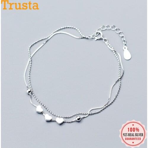 Trusta 100% 925 Sterling Silver Fashion Womens Jewelry Double Layer Heart Beads Bracelet 17.5cm For Wife Best Firend Gift DS741