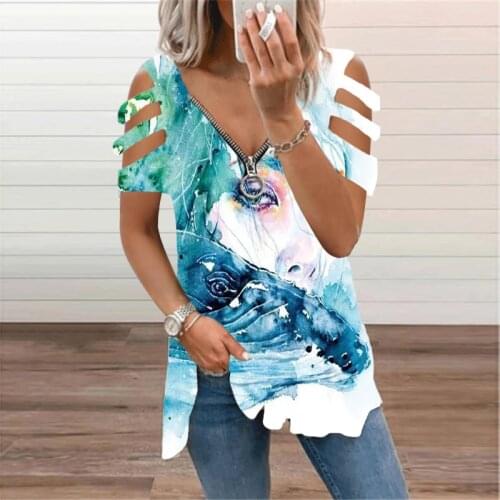 Women Zipper Hollow Out V-neck T-shirt Lady Fashion Casual Tops Pullover Short Sleeve Loose Sexy Tshirt Plus Size TeeShirt Femme