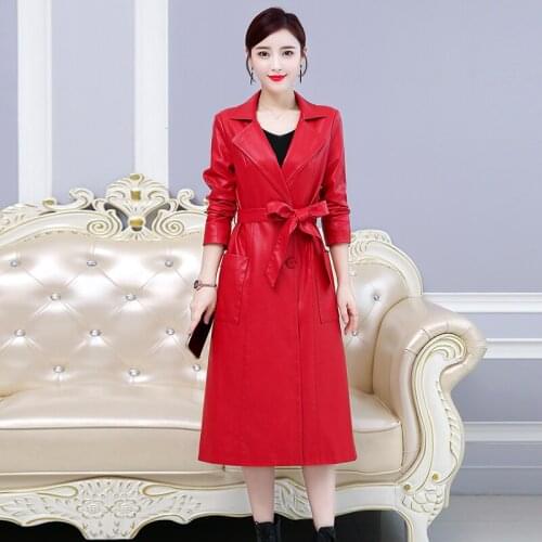 Women Fashion With Belt Faux Leather Long Jacket Coat Ladies Elegant Washed PU Leather Windbreaker Female Outerwear Chic Tops