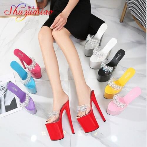 2021 New Diamond Sequin PVC Women Shoes Sexy Super High-Heel 20CM Platform Slippers Female Transparent Crystal Model Show Sandal