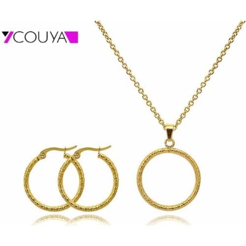 Women Earrings and Necklace Set Jewelry Gold Large Circle Hoop Earrings Round Pendant Necklace for Female Wedding Everyday Wear