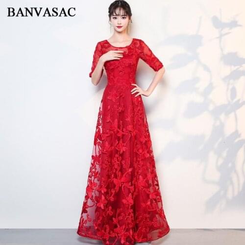 BANVASAC 2018 O Neck Half Sleeve Lace A Line Long Evening Dresses Elegant Party Embroidery Open Back Prom Gowns