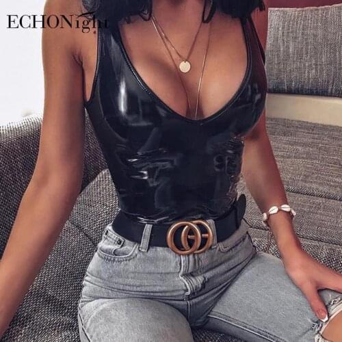 Echonight Leather Bodysuit Women Black Female Deep-V Neck Pu Jumpsuit Sexy Bodycon Body Suit Summer Black Bodysuits Wholesale