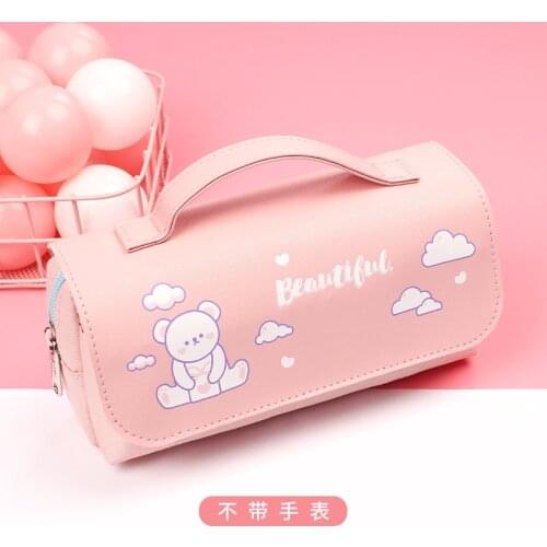 Large Pencil Case Stationery Storage Bags PU Pencil Bag Cute Makeup Bag School Supplies for Girl Kids Gift Badge Pen Box Bear