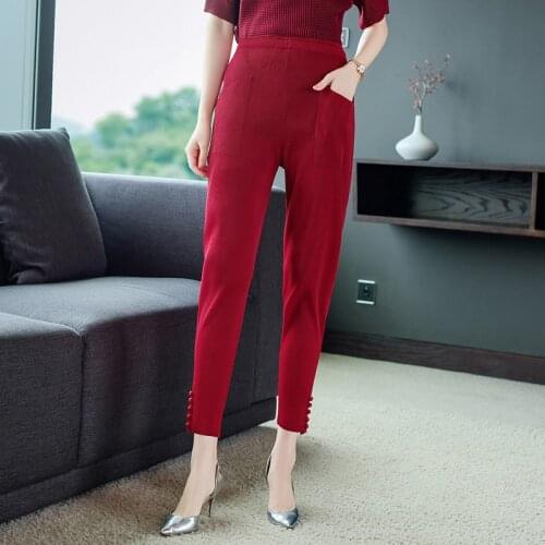 Miyak Pleated Casual Boot Cut Pant Elastic High Waist Pocket Solid Color Korean Slim Cropped Trousers Women Summer Thin Pants