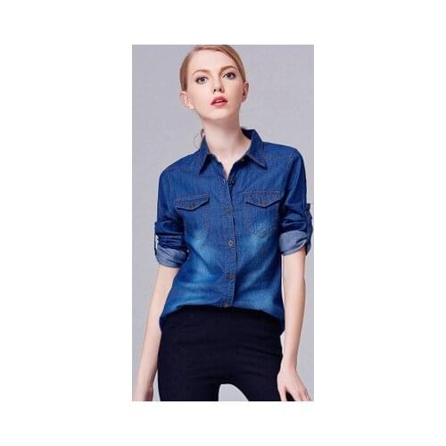 BYUAN 2018 Autumn Blouse Shirt Women Fashion Cotton Denim Tops Long Sleeve Blouses Turn down collar Woman Office Shirts