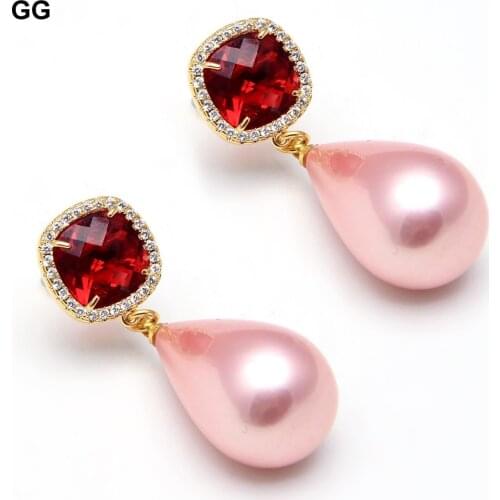 GG Jewelry Natural Pink Sea Shell Pearl Teardrop Dangle Earrings Gold Plated Red Crystal CZ Paved Stud For Women Girls Gift