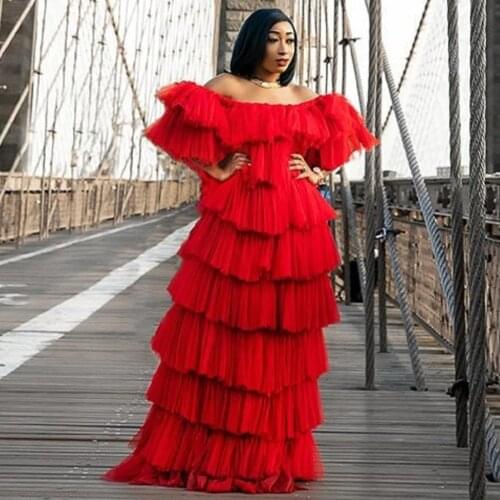 Hot Sale Puffy Long Prom Gowns Tiered Ruffles Chic Evening Party Dress Red Off the Shoulder Formal Dress 2019 Hot Sale