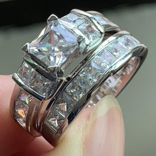 New Hot Sale Luxury Jewelry Couple Rings 925 Sterling Silver Princess Cut White Clear 5A CZ Women Wedding Couple Rings Gift