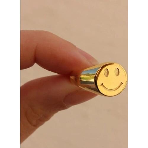 2021 New Fashion Tarnish Free Gold Color Copper Smiley Face Rings Cute Positive Smile Adjustable Opening Ring For Women Jewelry
