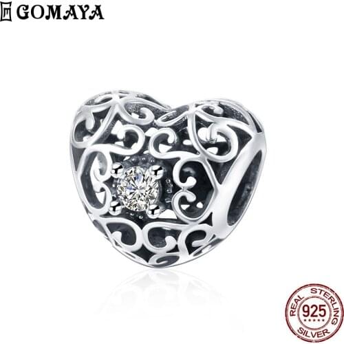 GOMAYA 925 Sterling Silver Heart Shaped With Patterns Accessory Pendant Creative DIY Zircon Women Fine Jewelry Girlfriend Gift