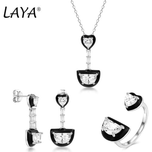 Laya 925 Sterling Silver Heart-shaped Moon-shaped Created Crystal Glass Black Enamel Drop Earrings Ring Necklace Set For Women