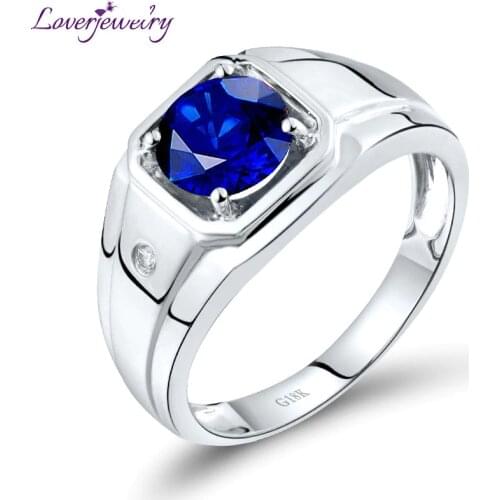 LOVERJEWELRY Men Rings Luxury Blue Sapphire Man Wedding Ring Solid 18Kt White Gold Natural Diamonds Jewelry For Father Gift