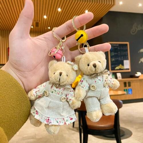 Cartoon Plush Bear And Rabbit Couple Keychain Cute Flower Cloth Bear And Rabbit Doll Key Car Bag Pendant Couple Friend Gift