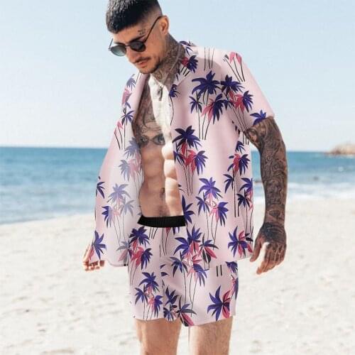 Mens 2-piece Hawaiian Flower Shirt + Beach Shorts 2021 Summer New Fashion Loose Short Sleeve Vacation Suit Casual Sportswear