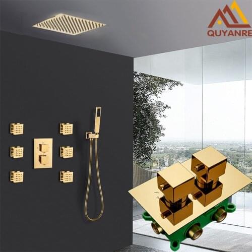 Quyanre Gold Thermostatic Shower Faucets Set 3-way Embedded Golden Thermostatic Mixer Tap With 6pcs Massage Jets Bath Shower Set