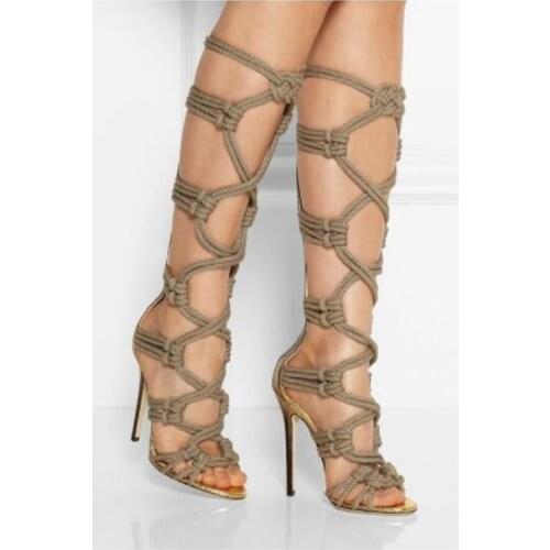 New fashion sexy rope braided knee high boots summer cut-outs gladiator sandal boots woman high heel boots