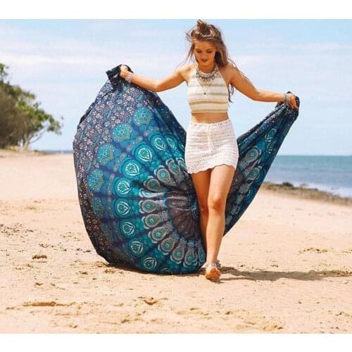 New Beach Towel Round Folding Wall Hanging Quick-Dry Throws Mandala Outdoor Picnic Mat Peacock Camping Carpet Swimming Towels