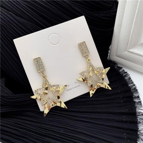 New Fashion Brincos Oorbellen Bijoux Crystal Rhinestone Hollow Five-Pointed Star Hanging Earrings Ladies Fashion Jewelry