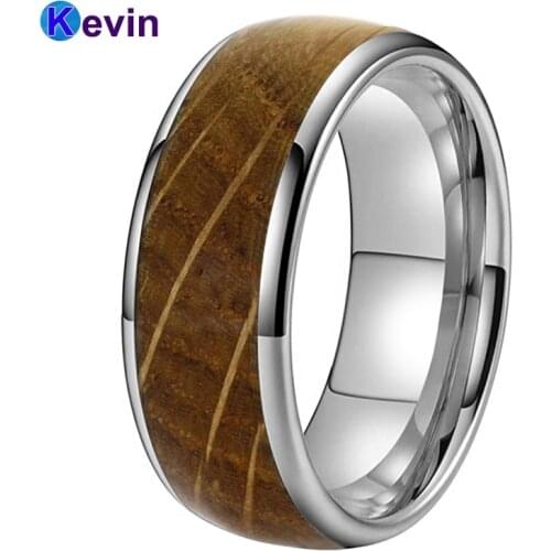 8MM Tungsten Engagement Wedding Bands Rings for Men Women Real Whiskey Barrel Oak Wood inlay Domed Shape Polished Shiny