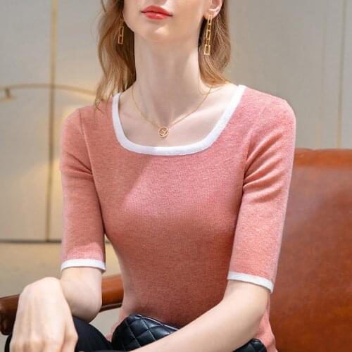 Autumn Women Knitting Pullover Soft Woolen Contrast Color Square Collar Slim Temperament Office Lady Half Sleeve t-Shirts Tops