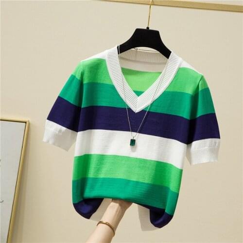 LJSXLS Striped V-Neck Pullover Women Short Sleeve T Shirt New Thin Summer Tops Knitted Tshirts Korean Fashion Womens Clothing