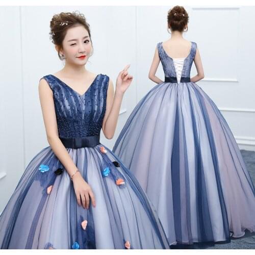 Blue Quinceanera Dresses V neck Tulle With appliques Pearls Vestidos De 15 Anos Sweet 16 Dresses Ball Downs Prom Dresses