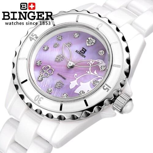 Switzerland Binger ceramic Watches Women fashion quartz Clock Round rhinestone Womens watches Water Resistant BG-0412-2