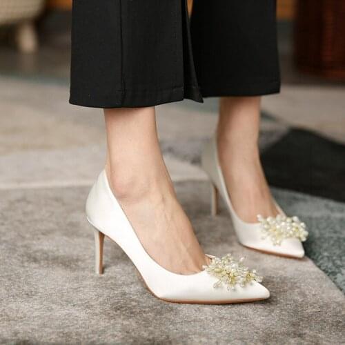 2021new French-Style Bride Bridesmaid Shoes White Pearl Stiletto Heel High Heels Wedding Shoes for Women