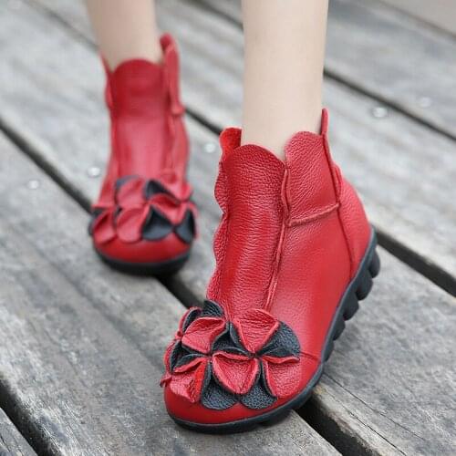 Ethnic Genuine Leather Women Shoes Vintage Autumn Boots and Shoes Retro Bohemian Style Red Ankle Boots
