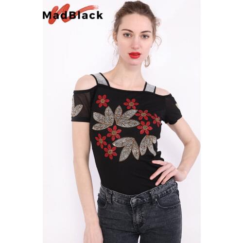 Summer Fashion European Clothes T-shirt Sexy Off Shoulder Diamonds Mesh Women Tops Ropa Mujer All Match Tees 2020 New T06625