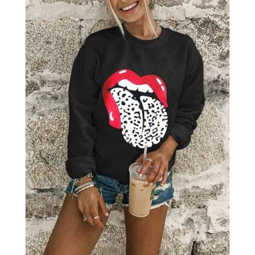 2020 Women Autumn Spring Fashion Basic Lip Letter Print Long Sleeve Casual Sweatshirt Streetwear Casual
