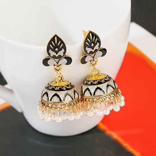 Boho Black Flower Tassel Dangle Earrings Indian Earrings For Women Summer Imitation Pearls Geometric Earrings Oorbellen